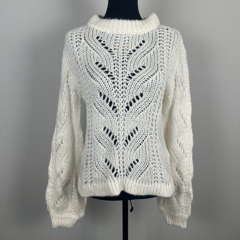 Abercrombie Fitch Sweater Women Small Ivory Sheer Open Chunky Knit Crew Pullover
